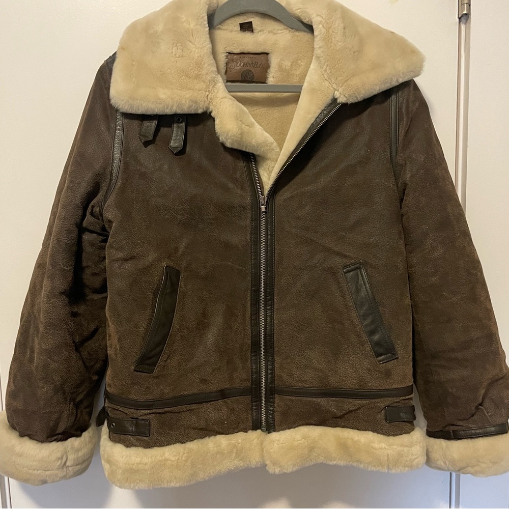 St.John Bay Brown Leather Bomber Jacket, Sherpa Lined, Sz Small